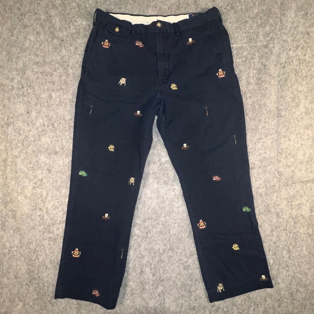 Polo Ralph Lauren Men's 36x32 Navy Embroidered Skull Bulldog Chino Pants Classic